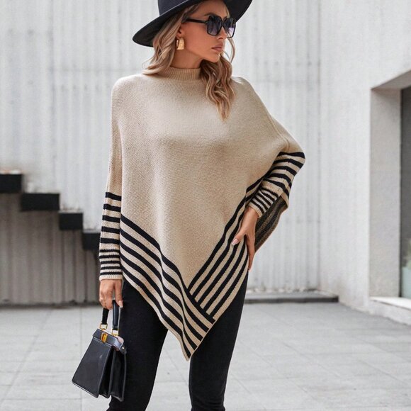 Khaki Casual Women's Striped Pattern Batwing Sleeve Asymmetrical Hem Poncho Swea - Picture 2 of 5